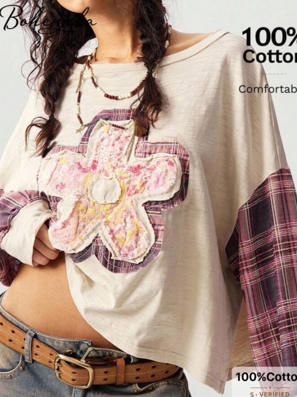 3 for $14 SHEIN Cream Long-Sleeve Floral Patchwork Top with Pink Plaid Sleeves